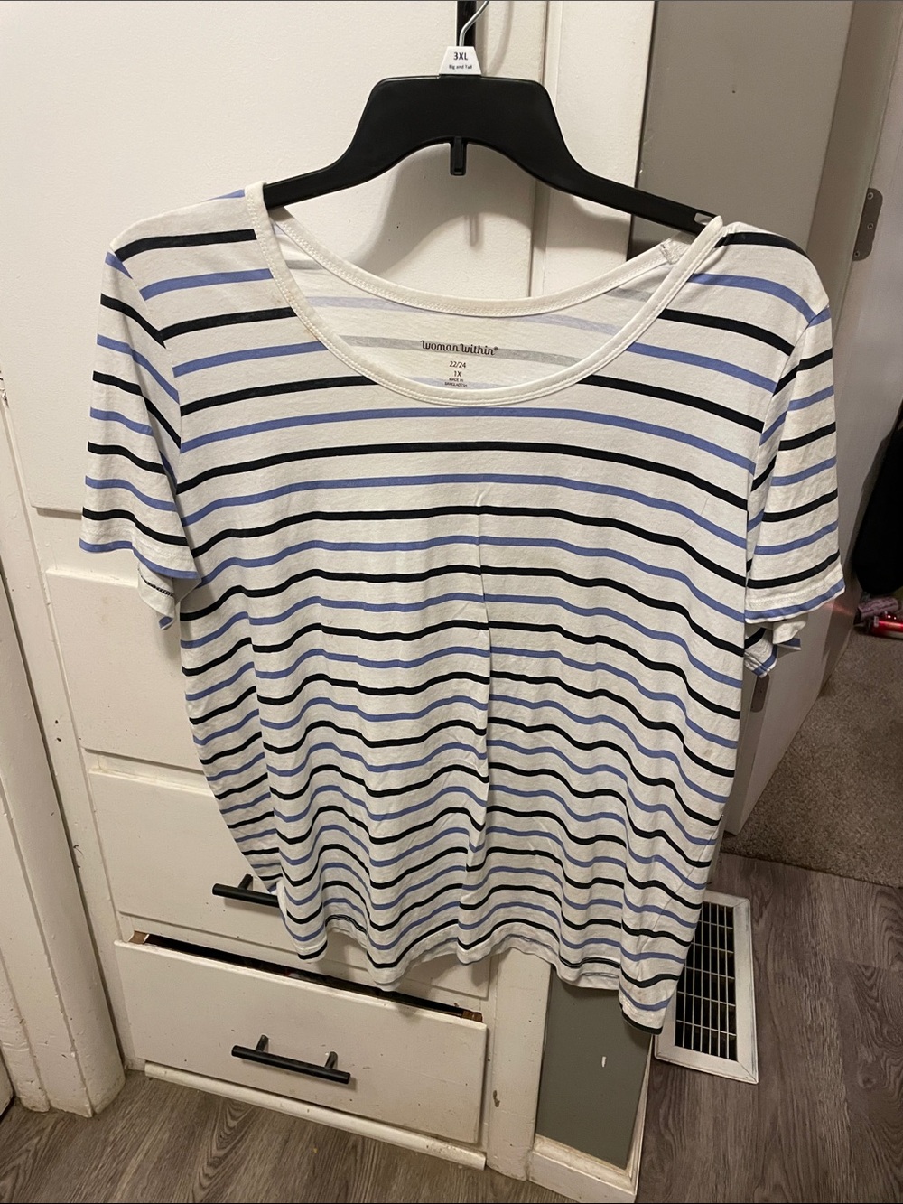Woman Within White scoop neck tee with black and blue stripes